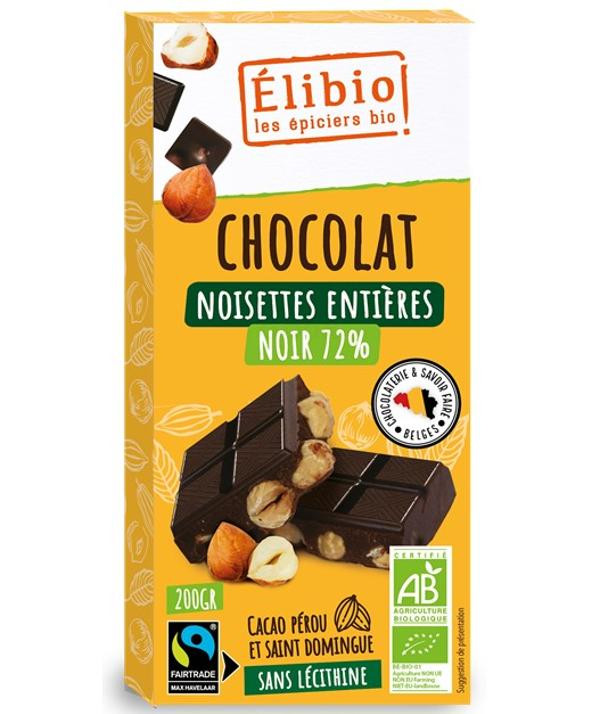 Photo de produit pour Chocolat noir 72% aux noisettes entières toastées 200g